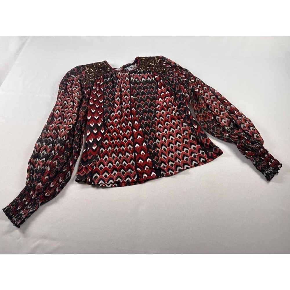 Blank London Sequin Shoulder Geometric Print Lurex Blouse Red Black XXS - Picture 5 of 8